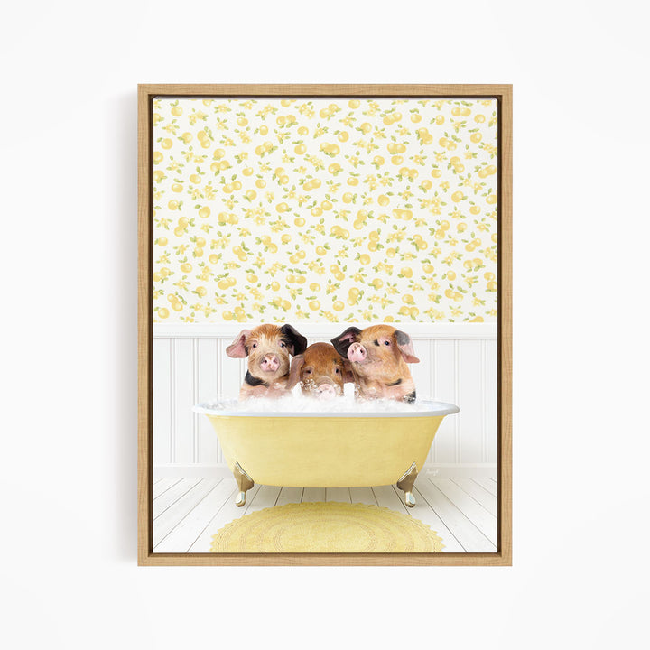 Three adorable pigs sitting in a yellow bathtub, with a yellow floral wallpaper behind them.