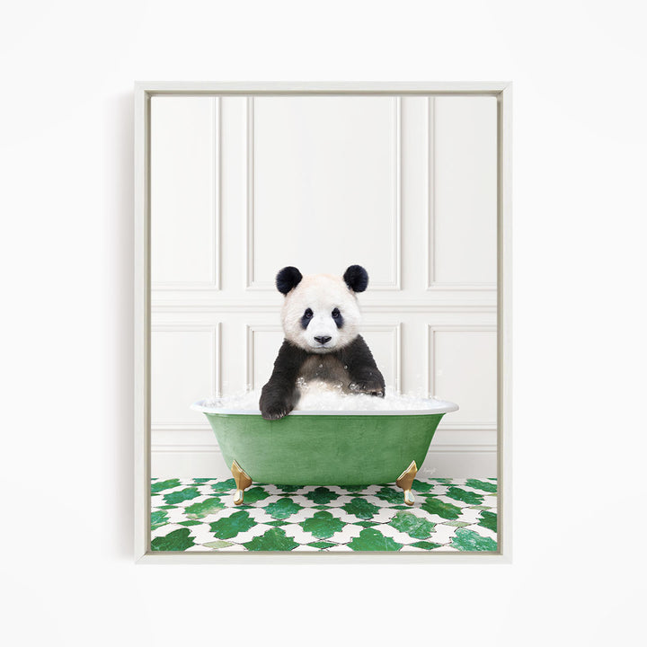 A panda bear sitting in a green bathtub filled with bubbles, surrounded by a green and white patterned floor.