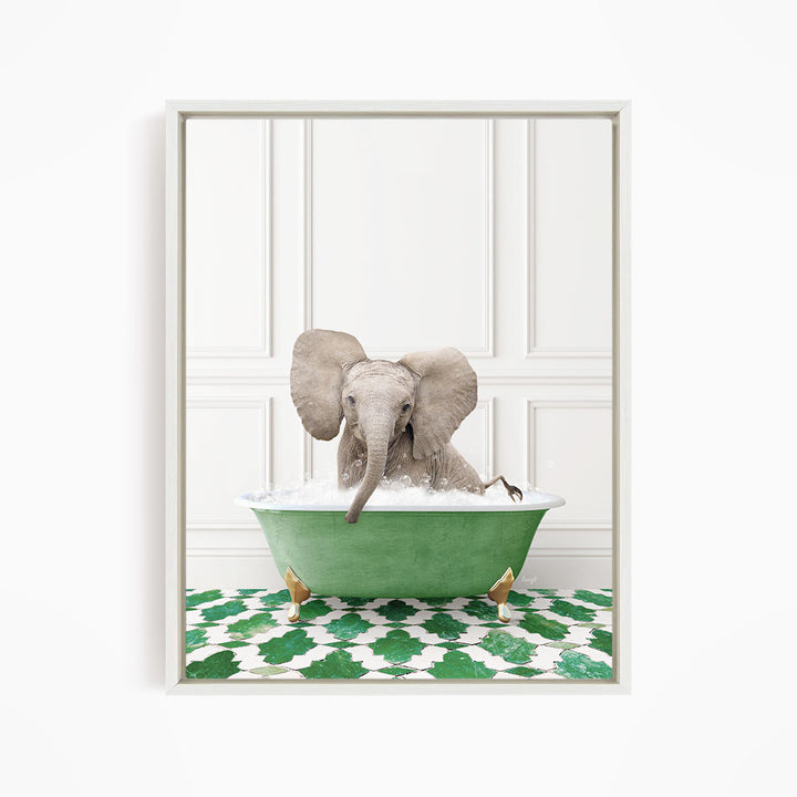A gray elephant is sitting in a green bathtub filled with water, surrounded by a green and white patterned floor.