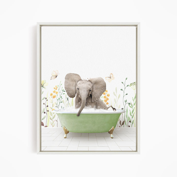 A gray elephant is sitting in a green bathtub filled with water, surrounded by flowers and butterflies.