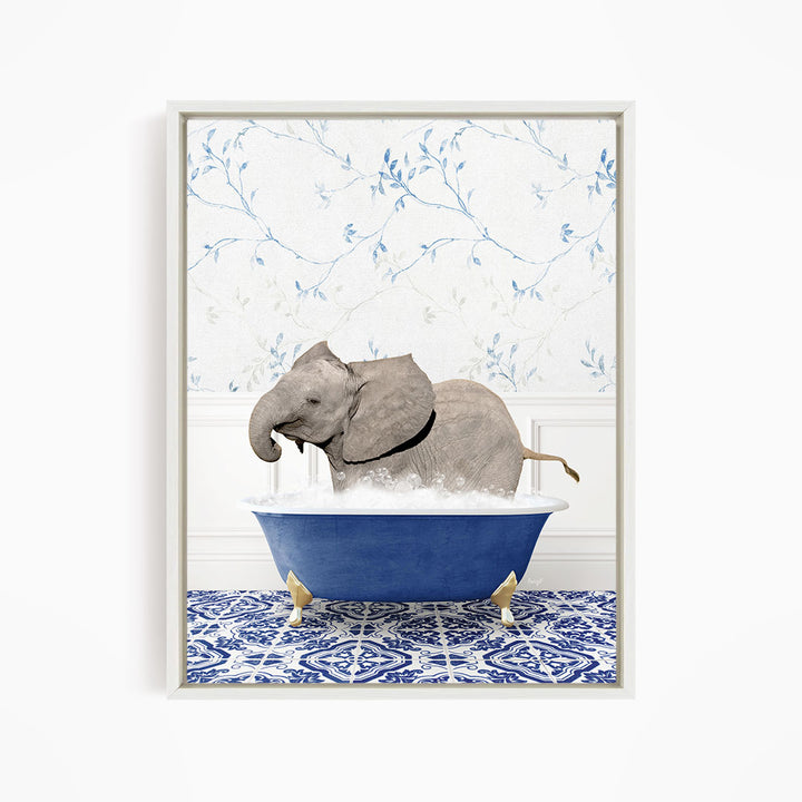 A gray elephant is sitting in a blue bathtub filled with water, surrounded by a blue and white patterned floor.