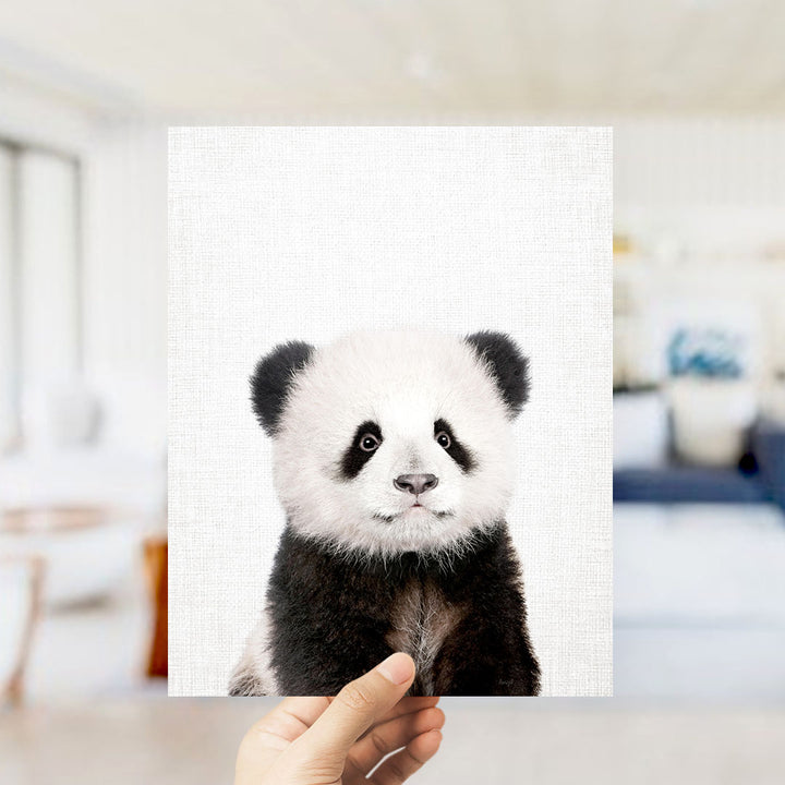 A hand is holding up a square print featuring a close-up portrait of a panda bear.