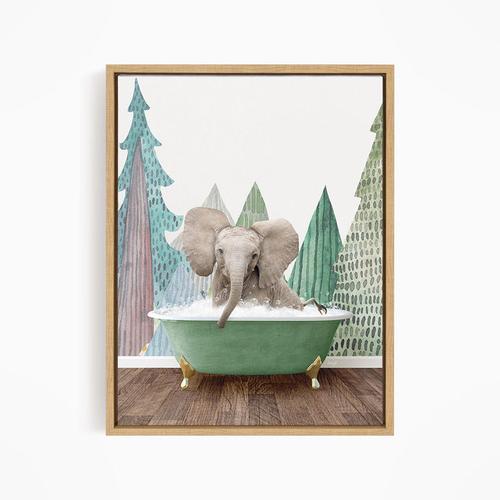 A gray elephant is sitting in a green bathtub, surrounded by a forest scene with trees and a snowy landscape.