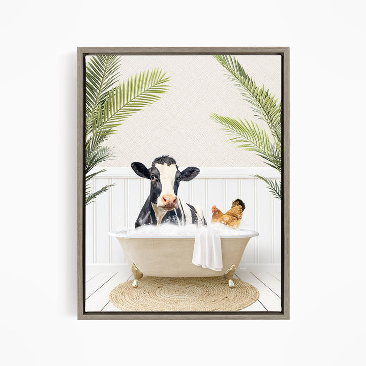 A cow is sitting in a bathtub filled with water, surrounded by a chicken and palm leaves, creating a whimsical and playful scene.
