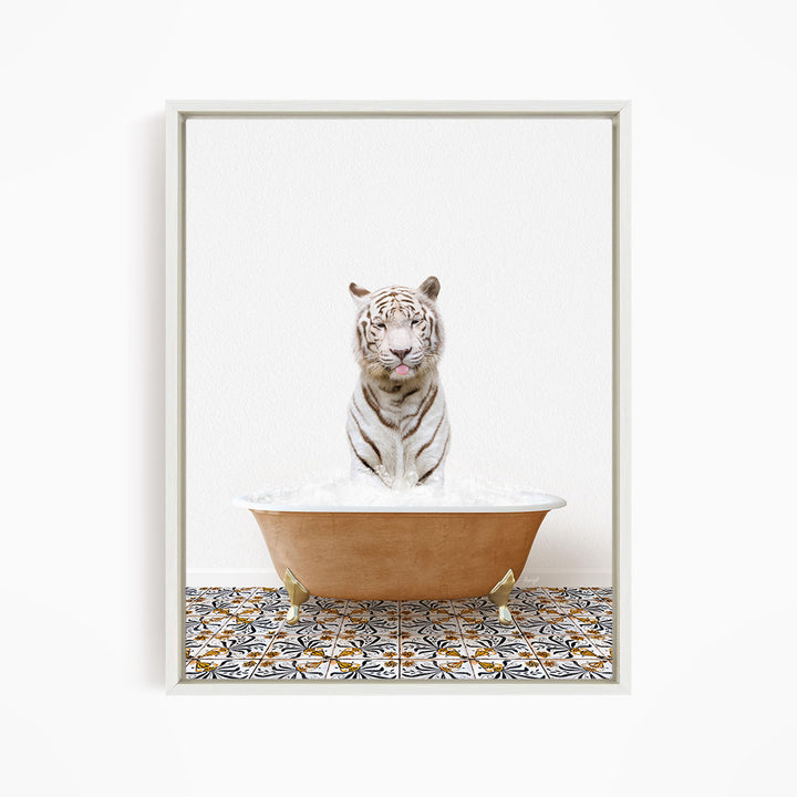 A white tiger sitting in a bathtub filled with water, with a patterned tile floor beneath it.