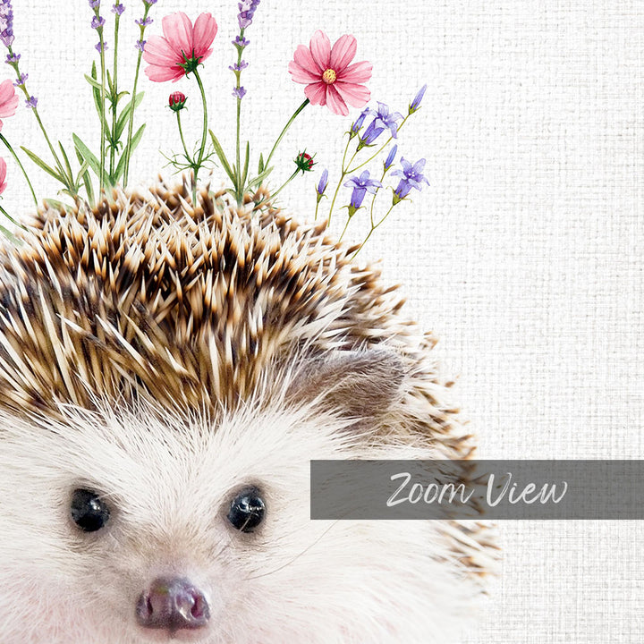 A close-up of a hedgehog's face with its eyes and nose visible, surrounded by pink flowers and purple flowers.