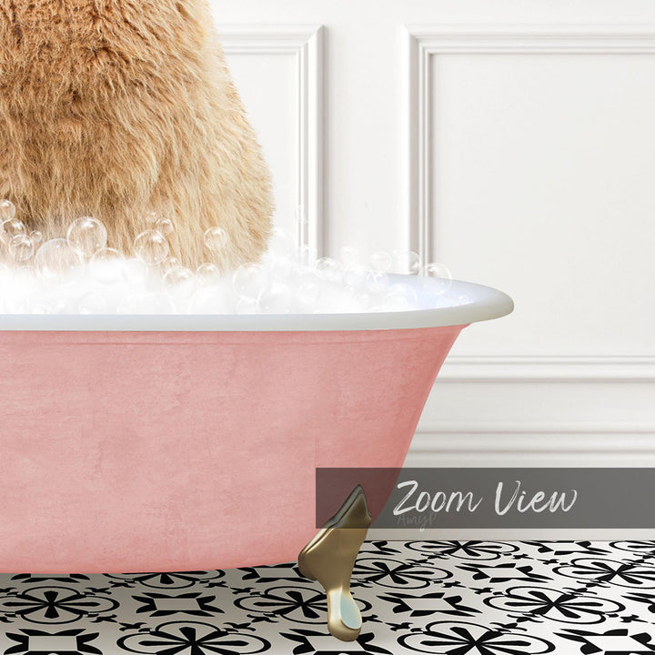 A pink bathtub filled with bubbles, with a cat's head partially submerged in the water.