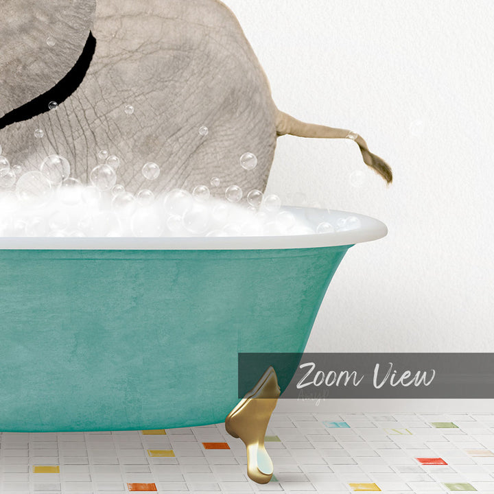 A large elephant is taking a bath in a green bathtub, surrounded by bubbles, with a colorful tiled floor in the background.