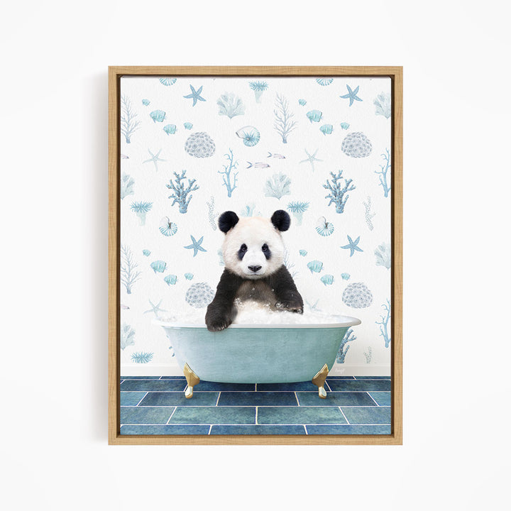 A panda bear sitting in a bathtub filled with bubbles, surrounded by a blue and white ocean-themed wallpaper.