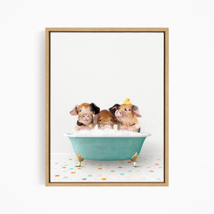 Three adorable pigs sitting in a green bathtub, with one of them wearing a yellow rubber duck hat.