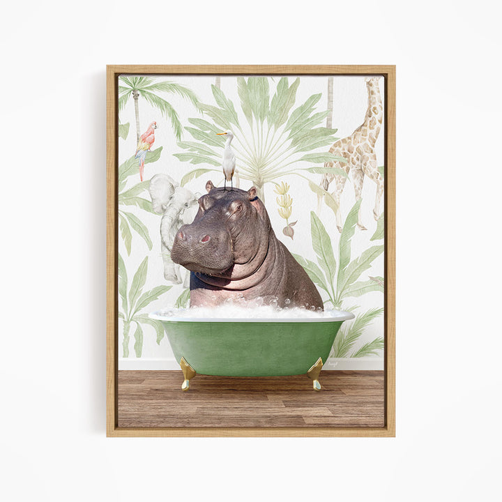 A hippopotamus sitting in a green bathtub, surrounded by tropical plants and animals, including a parrot and a giraffe.