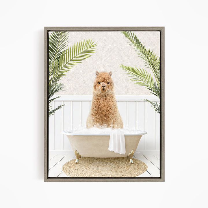 A fluffy brown dog sitting in a white bathtub filled with bubbles, surrounded by green palm leaves.