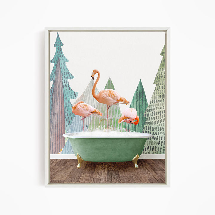 A framed image depicting three pink flamingos standing in a green bathtub, with a forest-themed background.