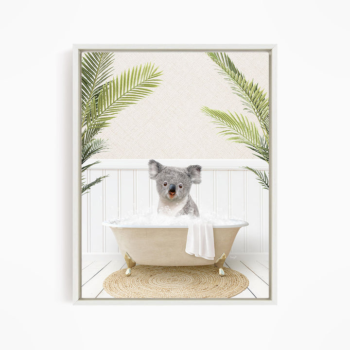 A koala bear sitting in a bathtub filled with water, surrounded by palm leaves.