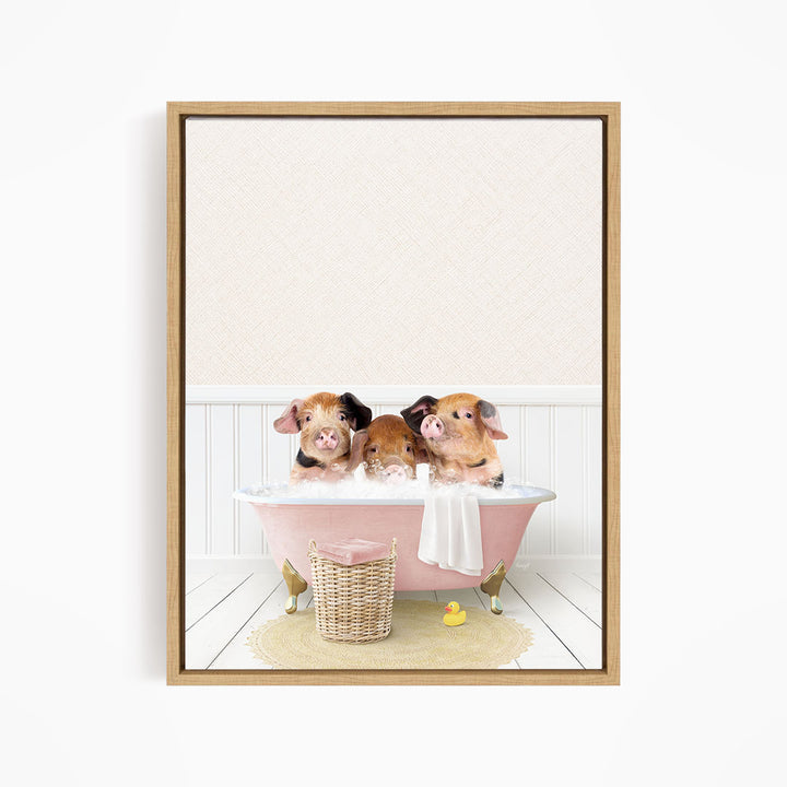 Three adorable pigs sitting in a pink bathtub, enjoying a relaxing bath together.
