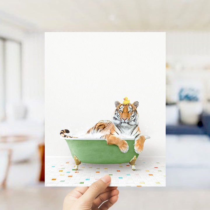 A tiger is sitting in a green bathtub, wearing a crown, and appears to be enjoying the bath.