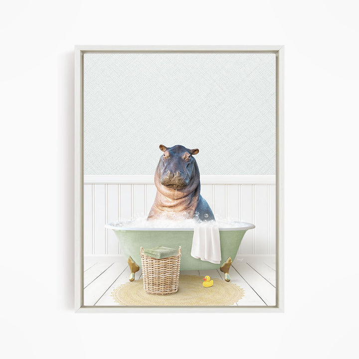 A hippopotamus sitting in a green bathtub filled with water, surrounded by a yellow rubber duck and a basket.