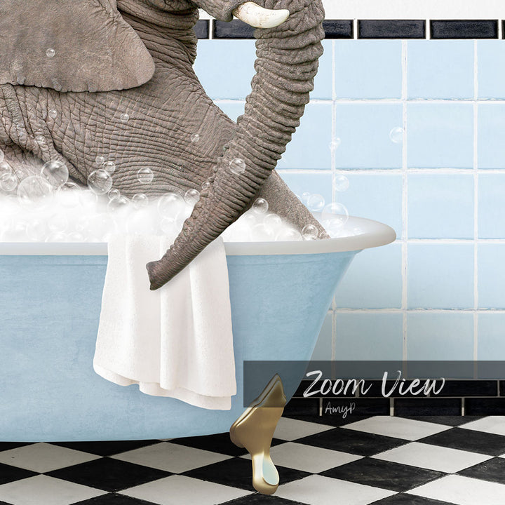 A large elephant is sitting in a blue bathtub filled with bubbles, with a black and white checkered floor in the foreground.