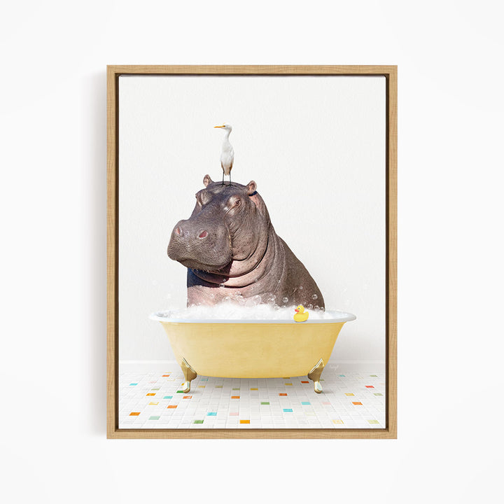A hippopotamus sitting in a yellow bathtub, with a bird perched on its head.