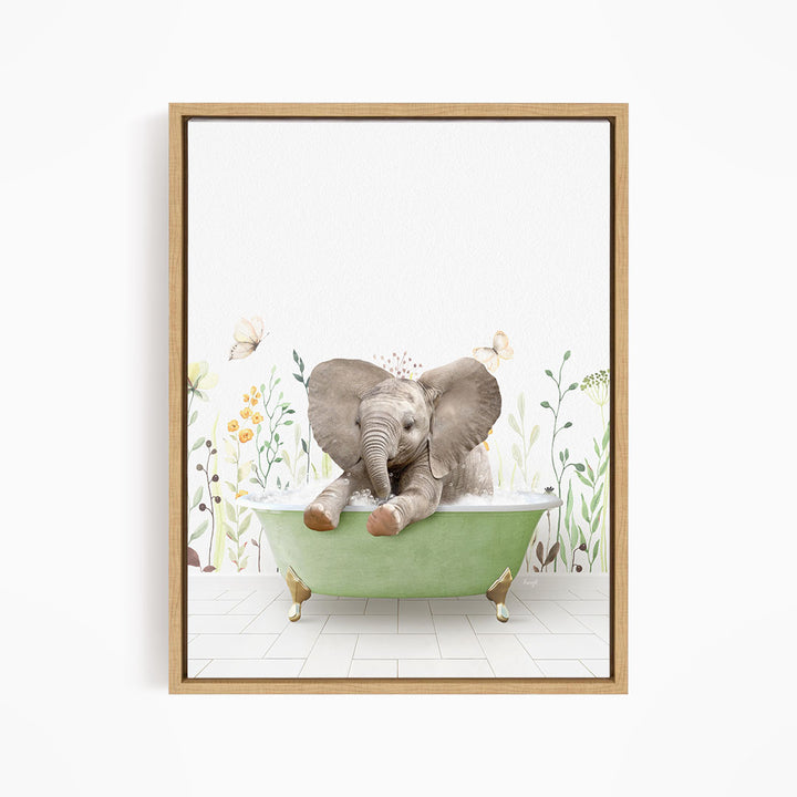 A baby elephant sitting in a green bathtub, surrounded by flowers and butterflies.