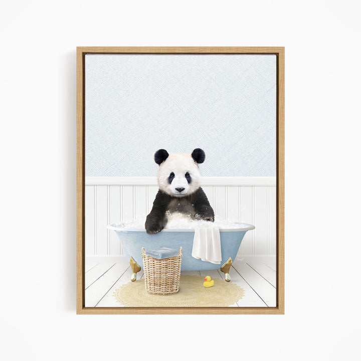 A panda bear sitting in a blue bathtub filled with bubbles, surrounded by rubber ducks and a basket.