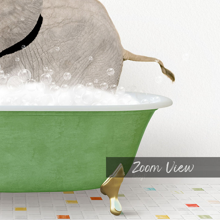 A large elephant is taking a bath in a green bathtub, surrounded by bubbles, with a colorful tiled floor in the background.