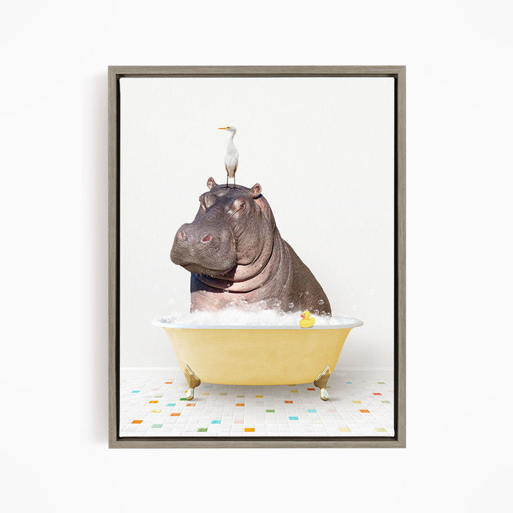 A hippopotamus sitting in a yellow bathtub, with a bird perched on its head.