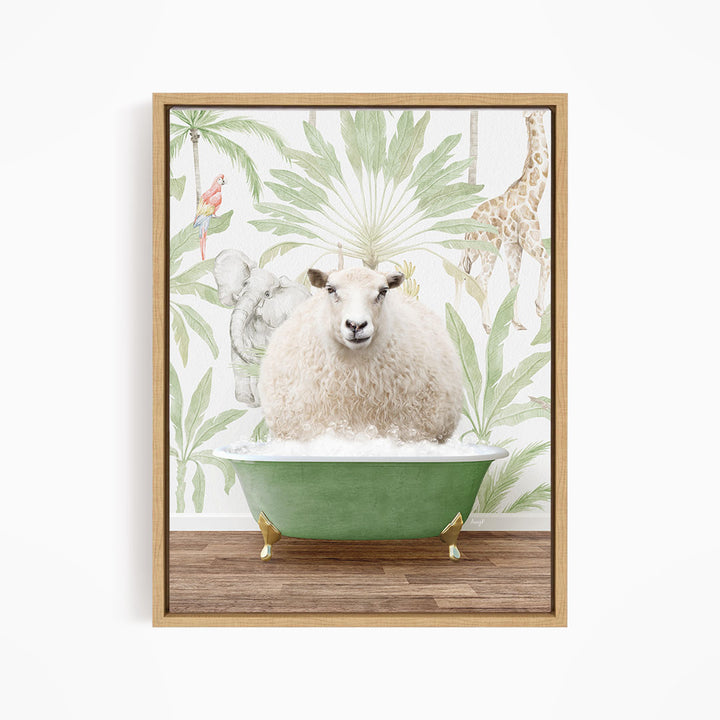 A sheep is sitting in a green bathtub, surrounded by a tropical wallpaper with various animals such as a giraffe, parrot, and elephant.