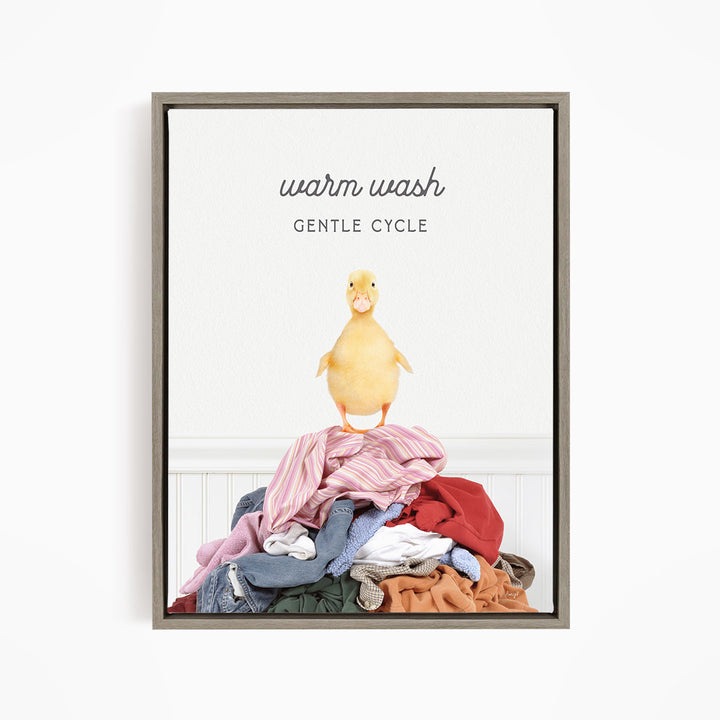 A yellow duck standing on a pile of clothes, with the text "Warm wash Gentle Cycle" above the pile.
