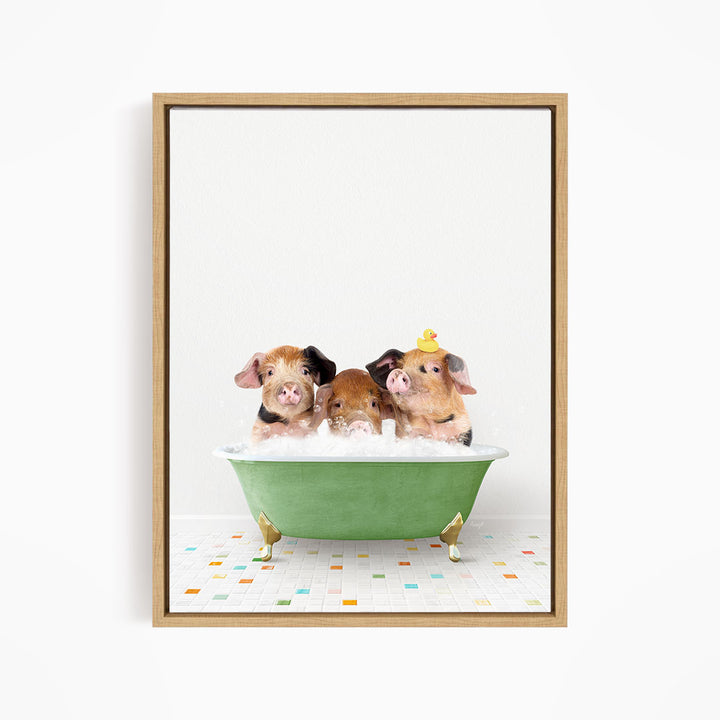 Three adorable pigs sitting in a green bathtub, enjoying a relaxing bath together.