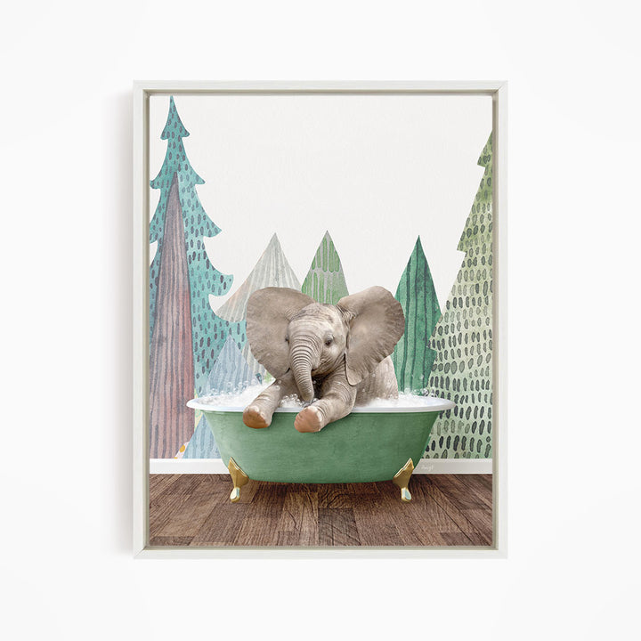 A baby elephant sitting in a green bathtub, surrounded by a forest-themed background.