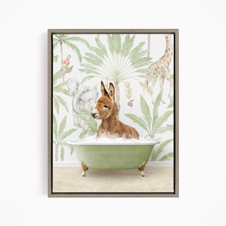 A donkey is sitting in a green bathtub filled with water, surrounded by a tropical jungle scene with palm trees, a giraffe, and other animals.