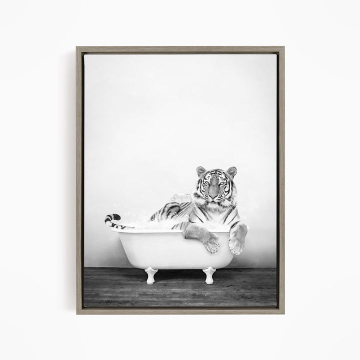 A tiger sitting in a bathtub, appearing relaxed and content.