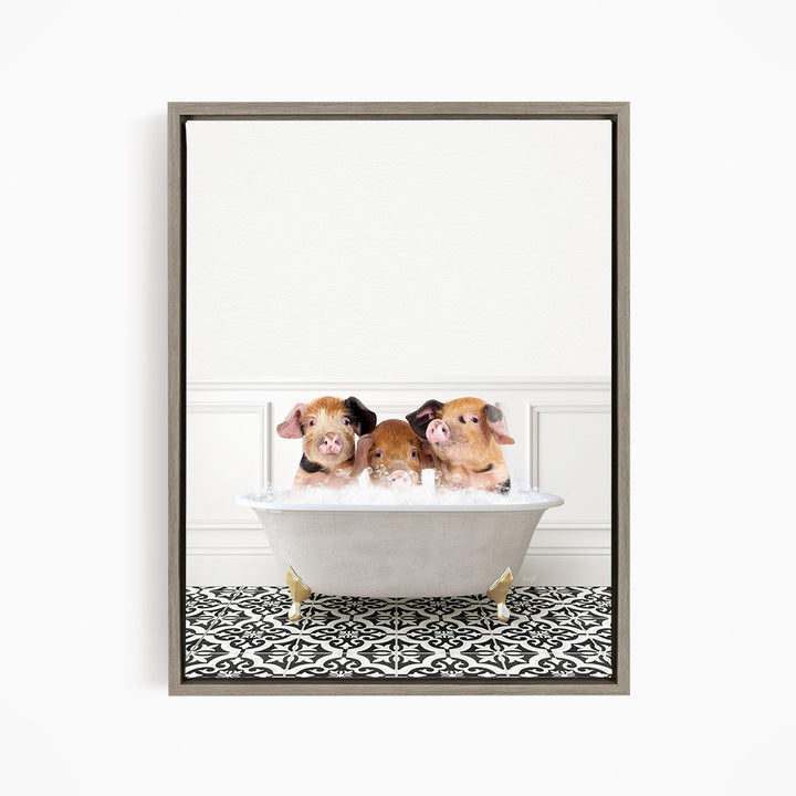 Three adorable pigs sitting in a white bathtub, enjoying a relaxing bath together.