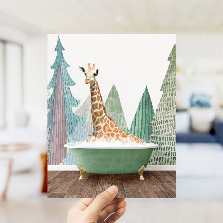 A giraffe sitting in a green bathtub, surrounded by trees and a forest-like background.