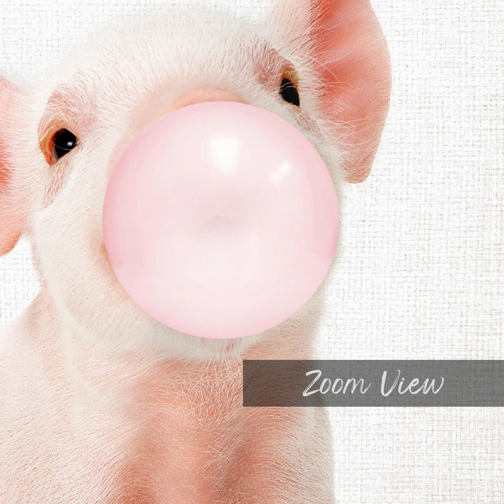 A cute pig blowing a bubble with a pink bubble gum bubble.
