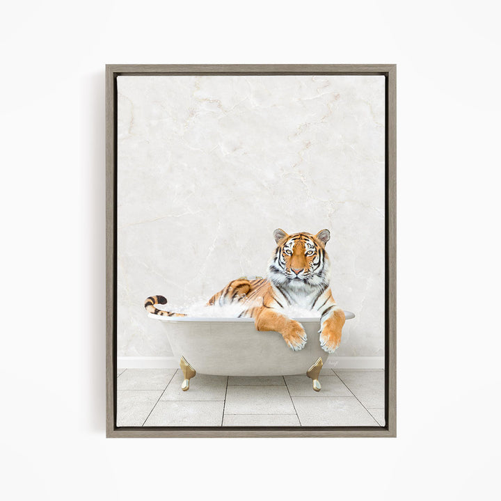 A tiger is sitting in a white bathtub, appearing relaxed and comfortable.