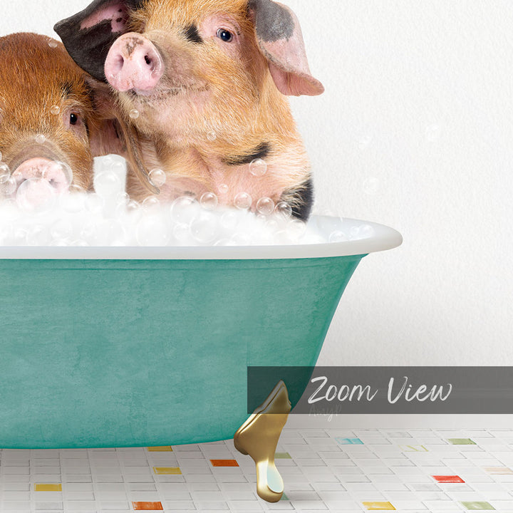 Two adorable pigs enjoying a bath in a green tub, surrounded by bubbles.