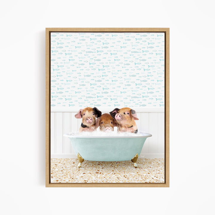 Three adorable pigs sitting in a light blue bathtub, surrounded by a patterned wallpaper.