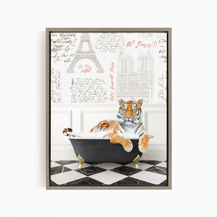 A tiger is sitting in a bathtub, surrounded by various texts and images, including the Eiffel Tower and other landmarks.