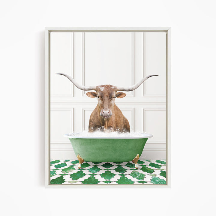 A brown bull with large horns is sitting in a green bathtub filled with water, creating a whimsical and playful scene.