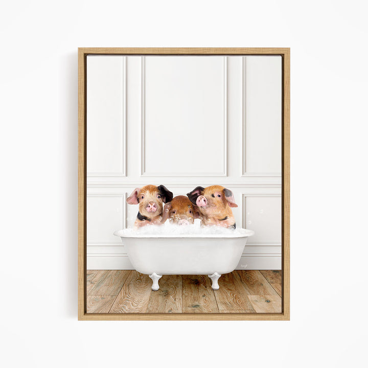 Three adorable pigs sitting in a white bathtub, enjoying a relaxing bath.