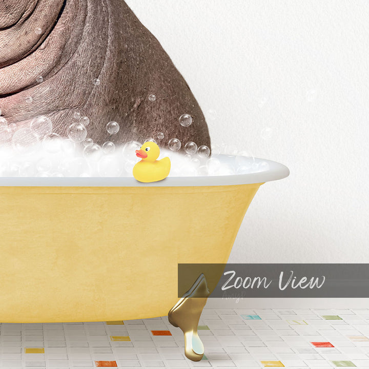 A yellow bathtub filled with bubbles, with a rubber duck sitting in it.