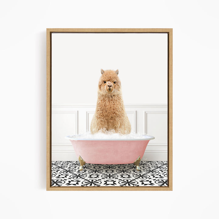 A fluffy brown dog sitting in a pink bathtub filled with bubbles, surrounded by a black and white patterned floor.