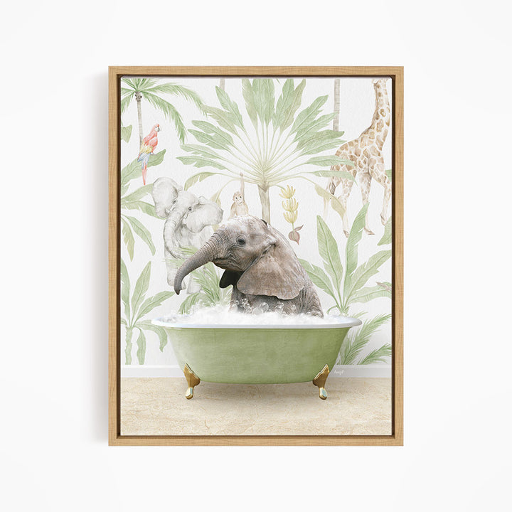 A baby elephant sitting in a green bathtub, surrounded by tropical foliage and other animals, such as a giraffe and a parrot.