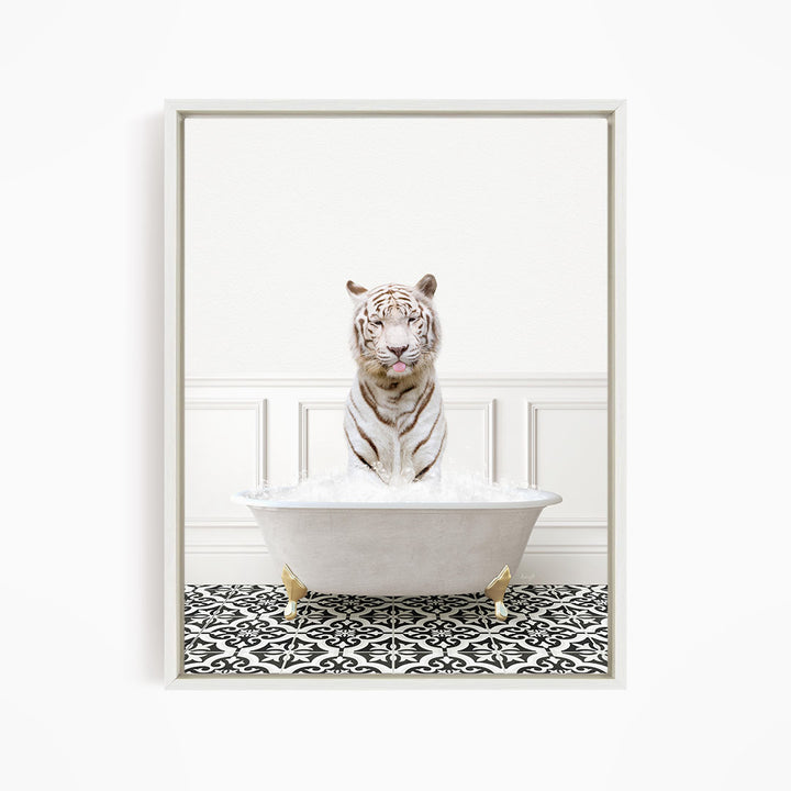 A white tiger sitting in a white bathtub filled with water, surrounded by a black and white patterned floor.