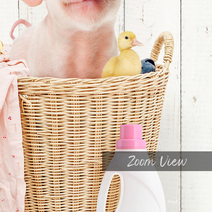 A baby duckling sitting in a wicker basket, with a pink bottle of laundry detergent next to it.