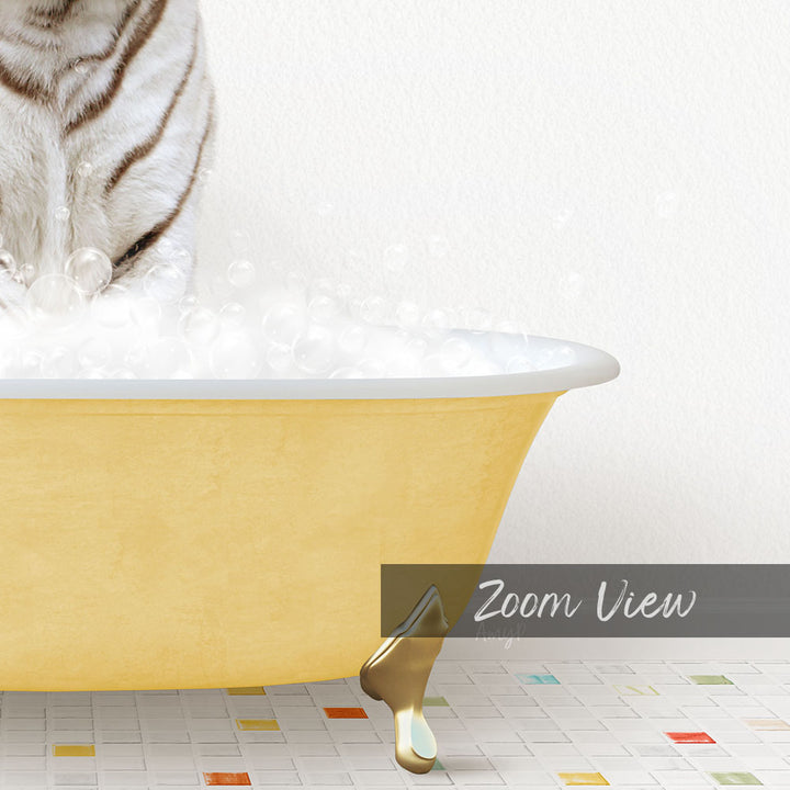 A white cat is sitting in a yellow bathtub filled with bubbles, with a text overlay that reads "Zoom View".