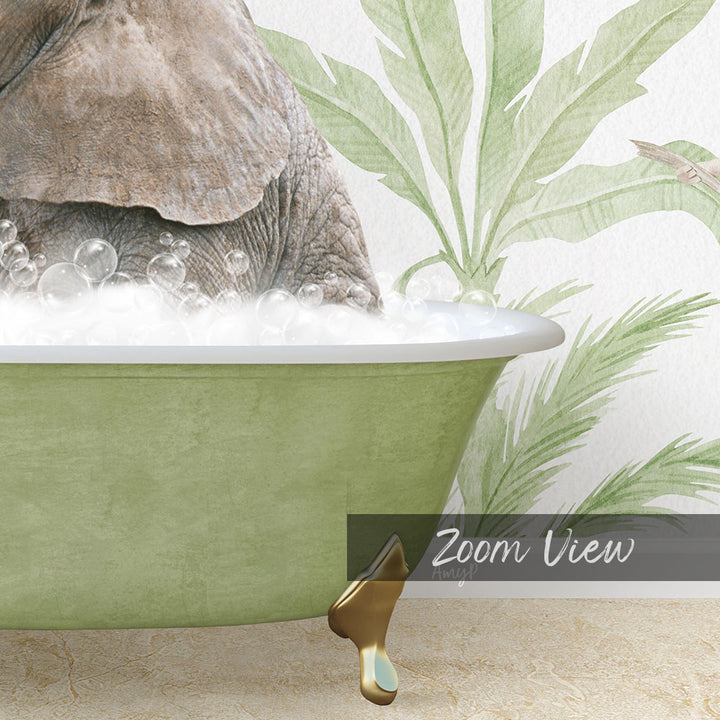 A large elephant is sitting in a green bathtub filled with bubbles, with a palm tree wallpaper in the background.