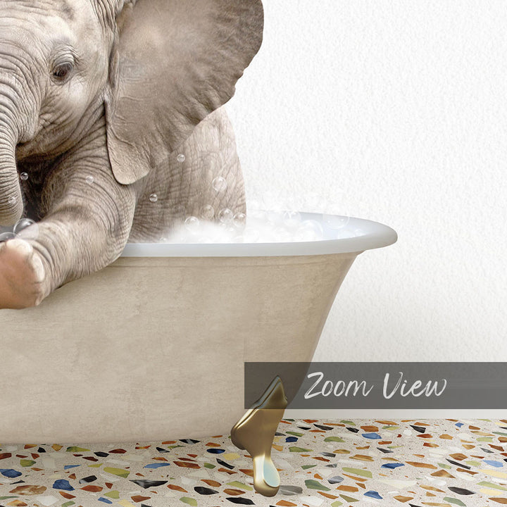 A baby elephant sitting in a bathtub filled with water, surrounded by a mosaic floor.